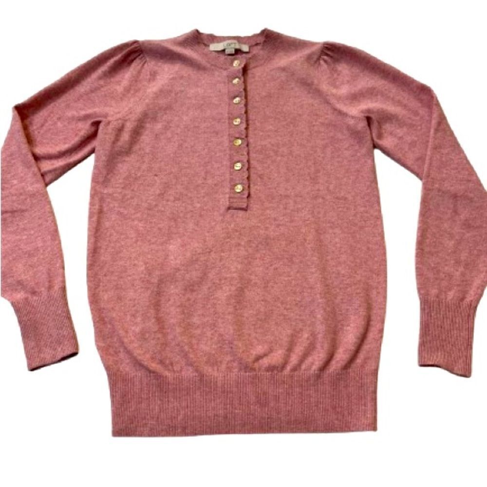 LOFT Rose Scalloped Gold Button Sweater